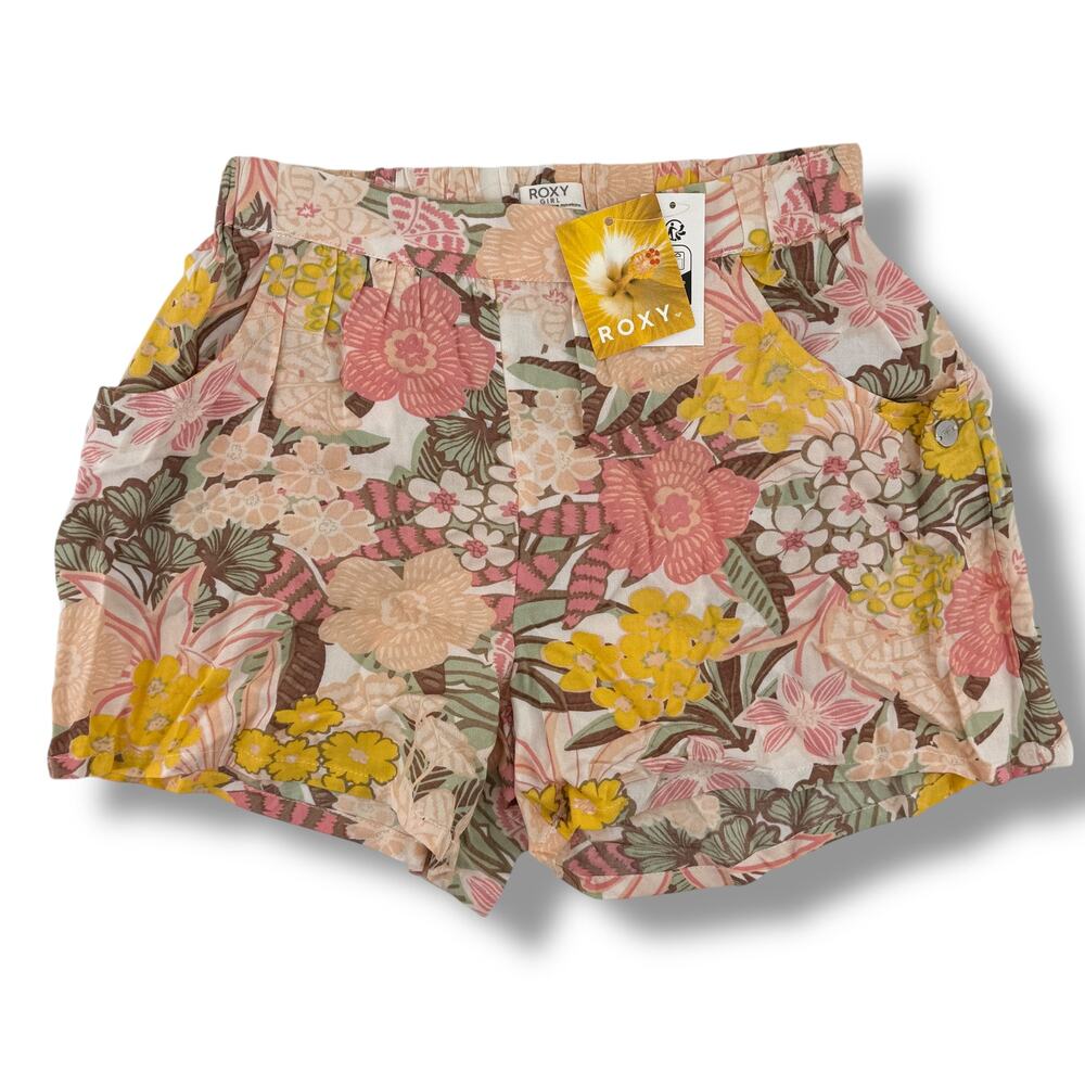 Roxy Midnight Ave Floral Print Shorts Girls Size XXL 16 Pull On Pockets 4"